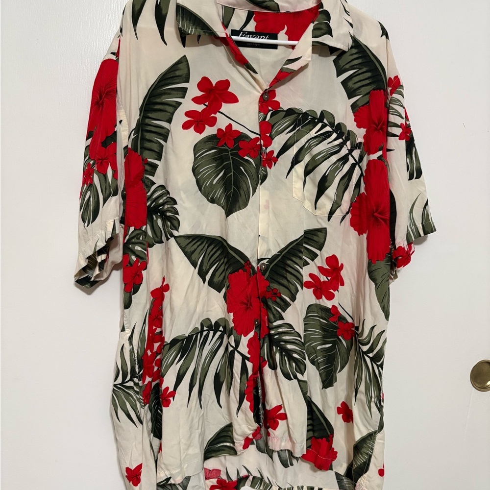 Favant Mens 2XL Hawaiian Shirt Aloha Floral Print Short Sleeve Rayon Red Green